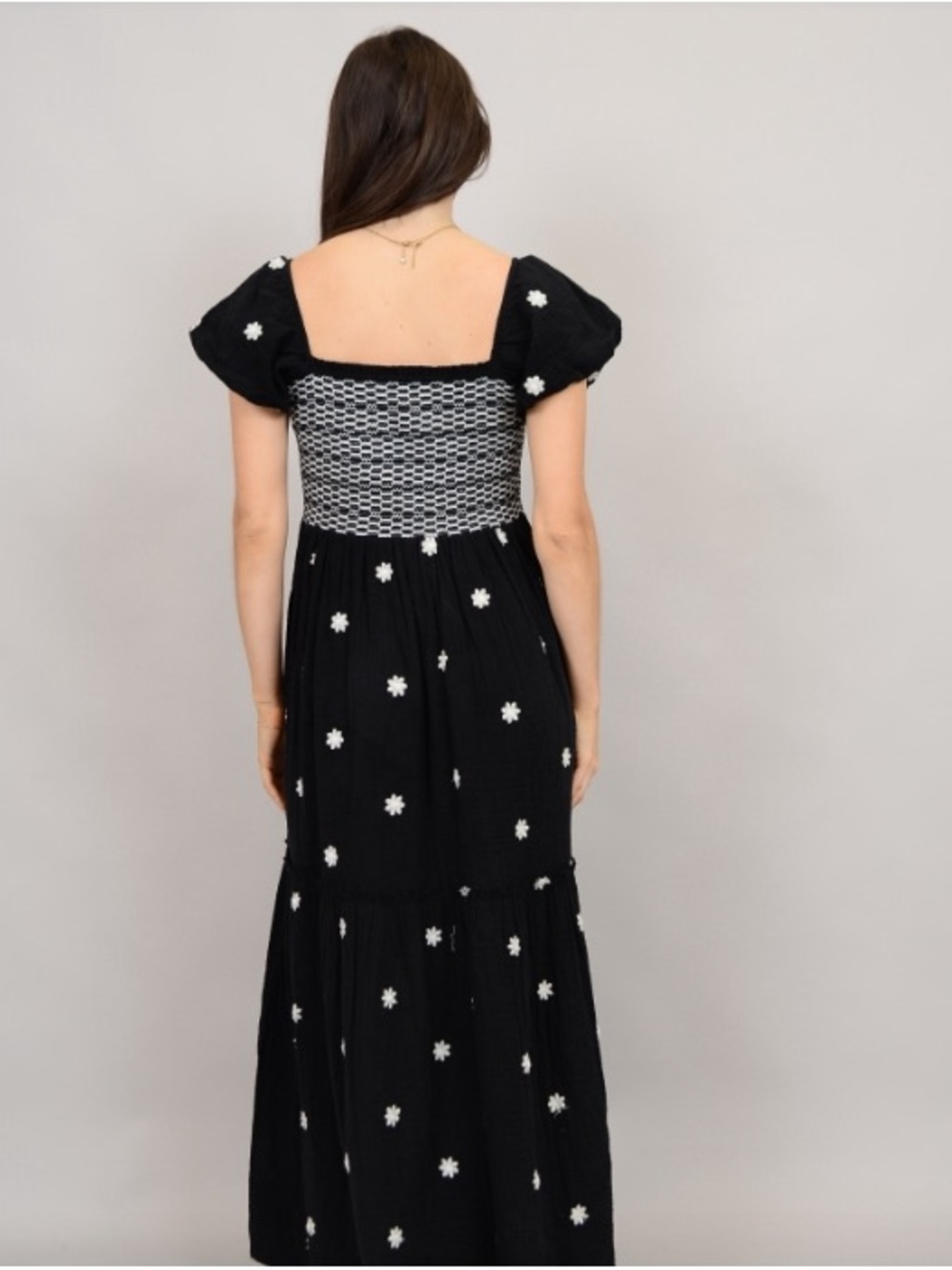 RD Style Black Midi/Maxi Dress with White Daisy Embroidered Appliqué 100% Cotton - Picture 3 of 13